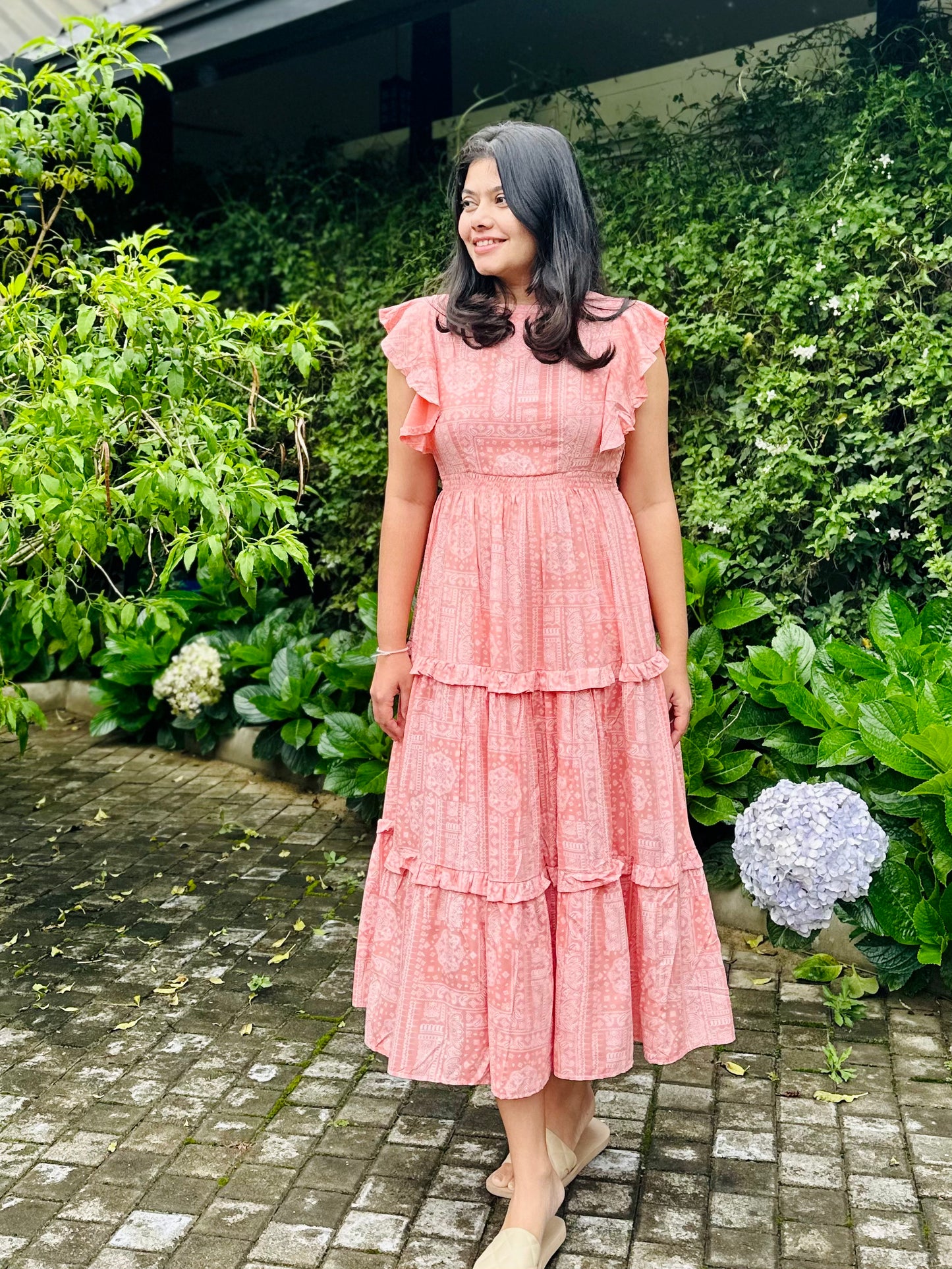 Peach Frilled Midi Dress