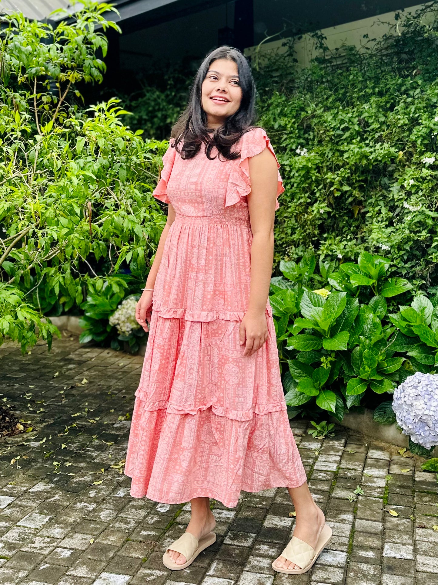 Peach Frilled Midi Dress