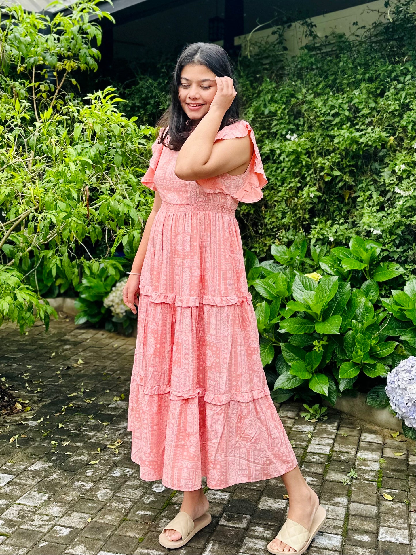 Peach Frilled Midi Dress