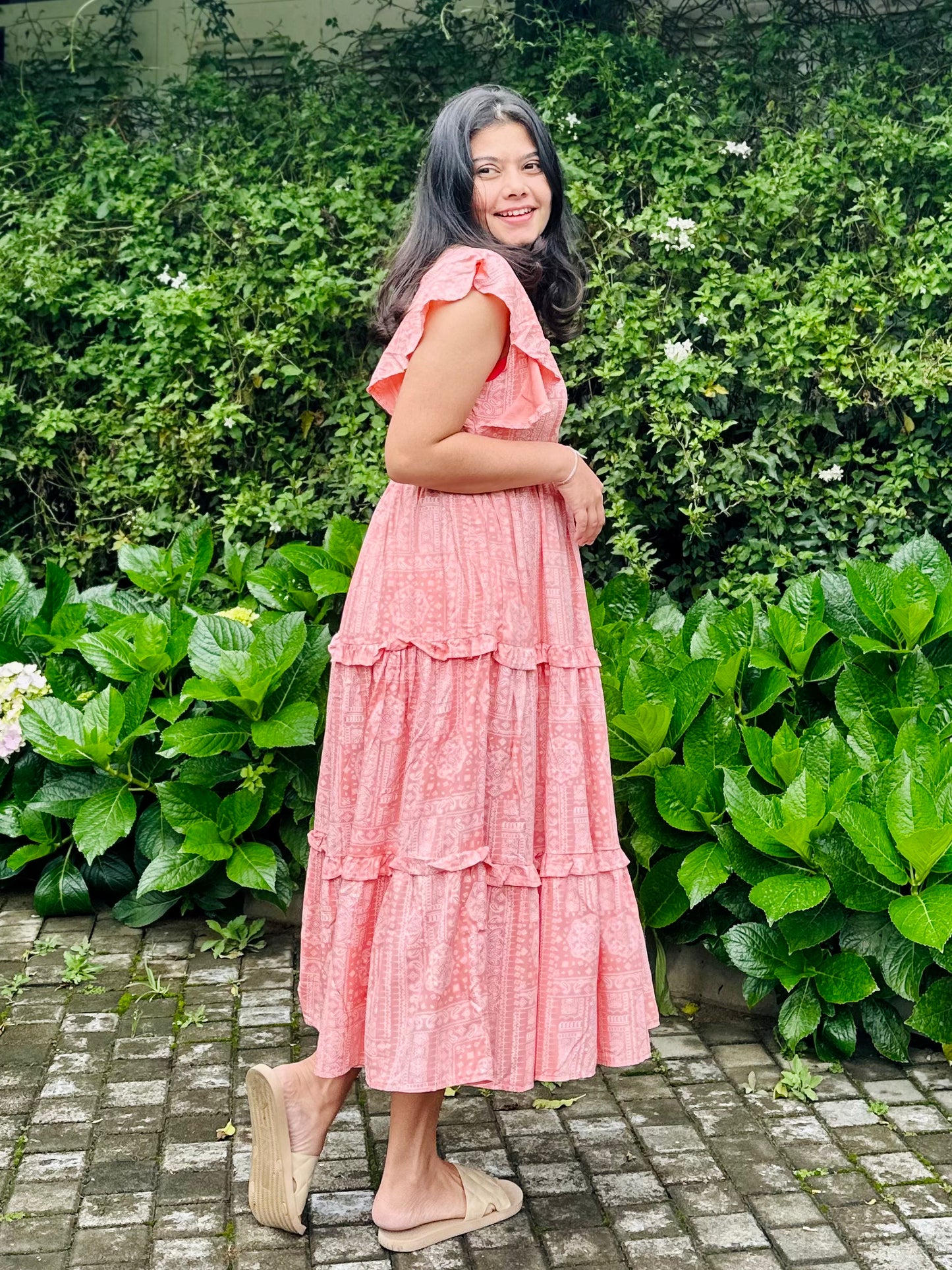 Peach Frilled Midi Dress