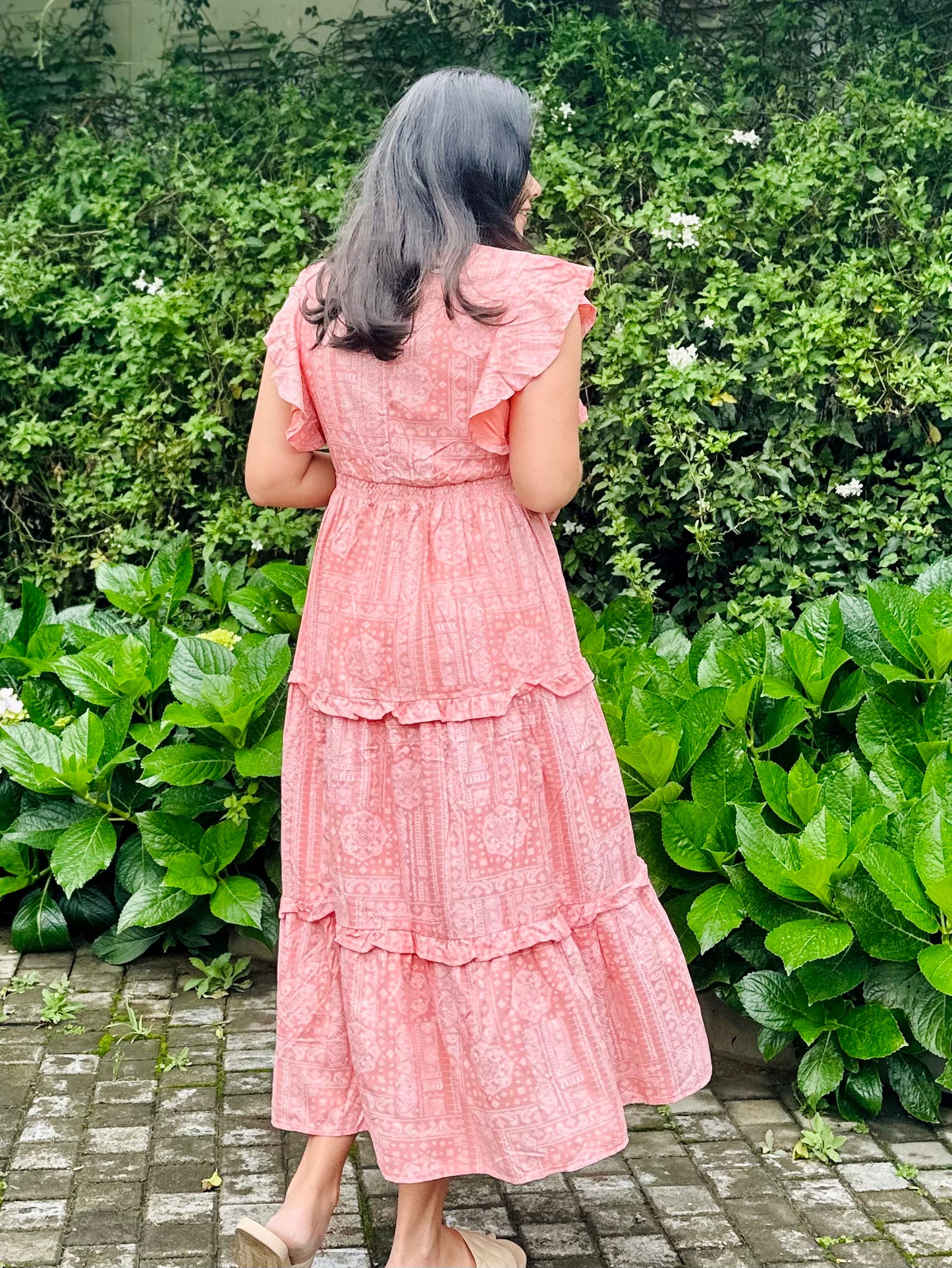 Peach Frilled Midi Dress
