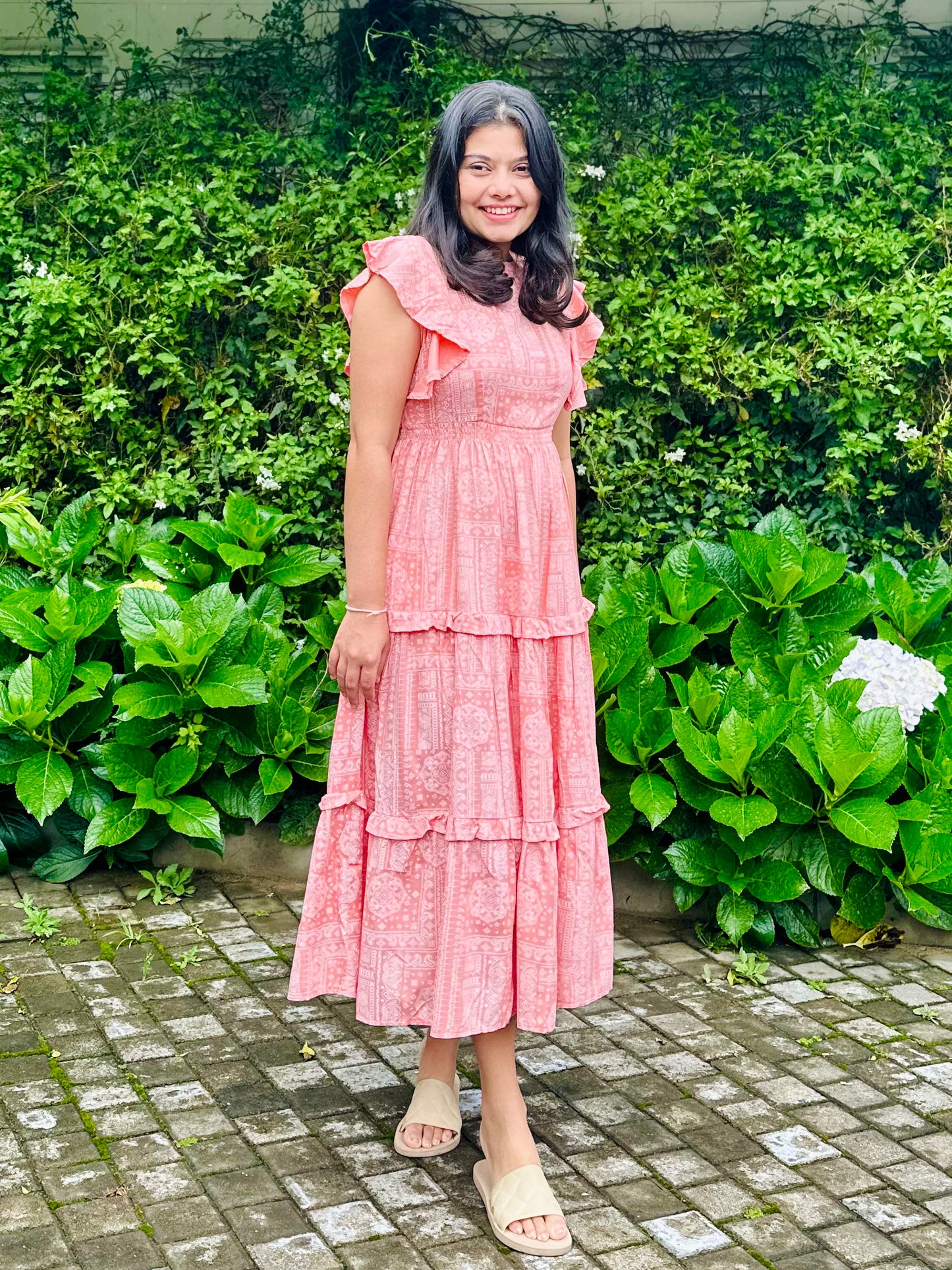 Peach Frilled Midi Dress
