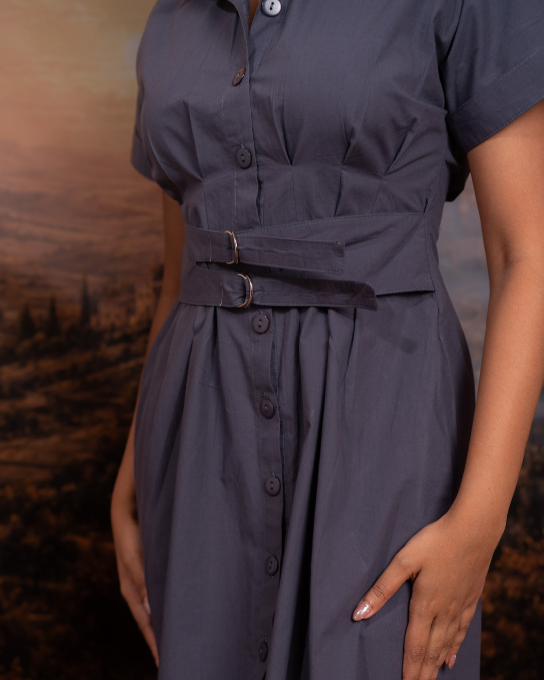 Slate Blue Belted Shirt Dress