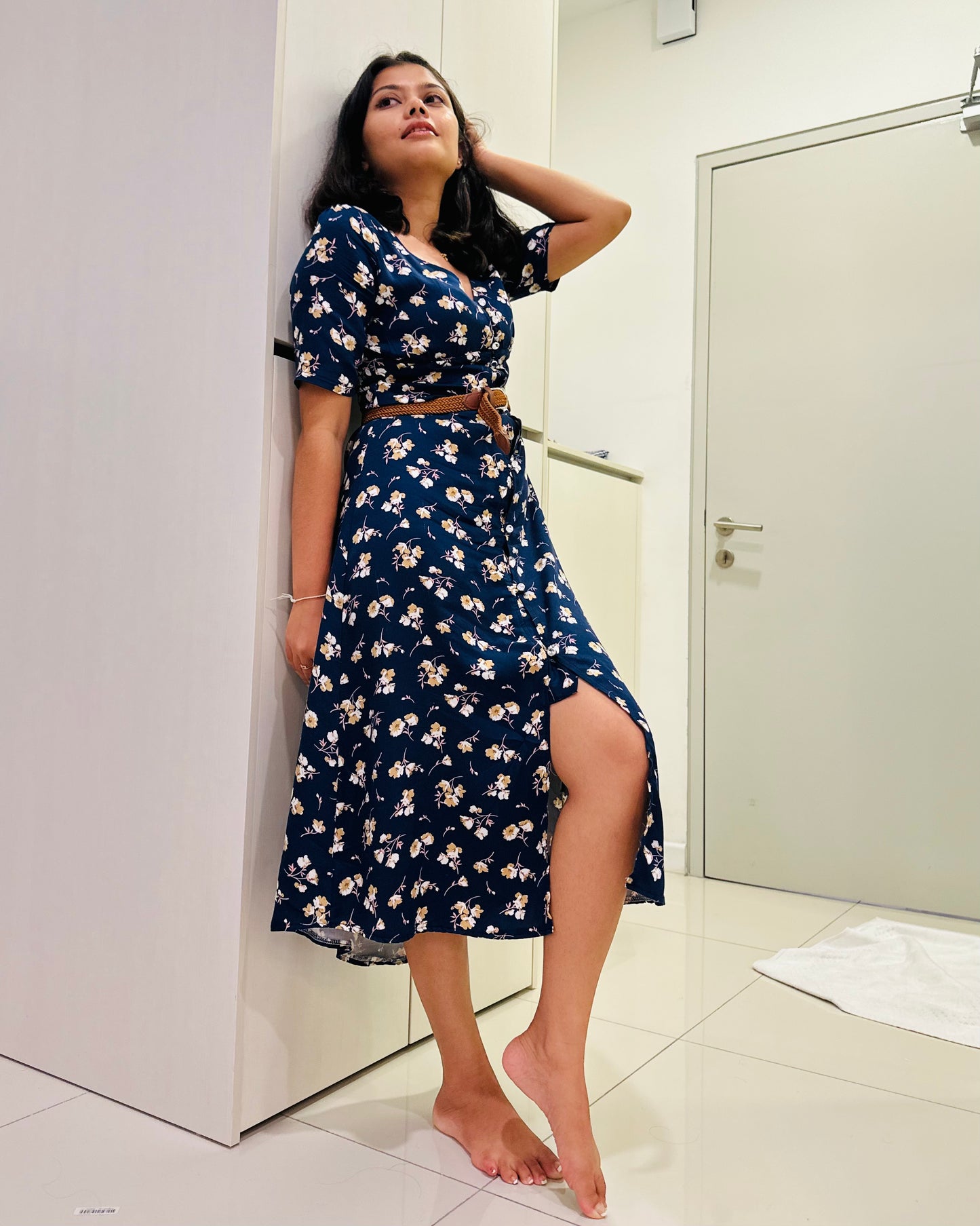 V Neck Button Down Midi Dress