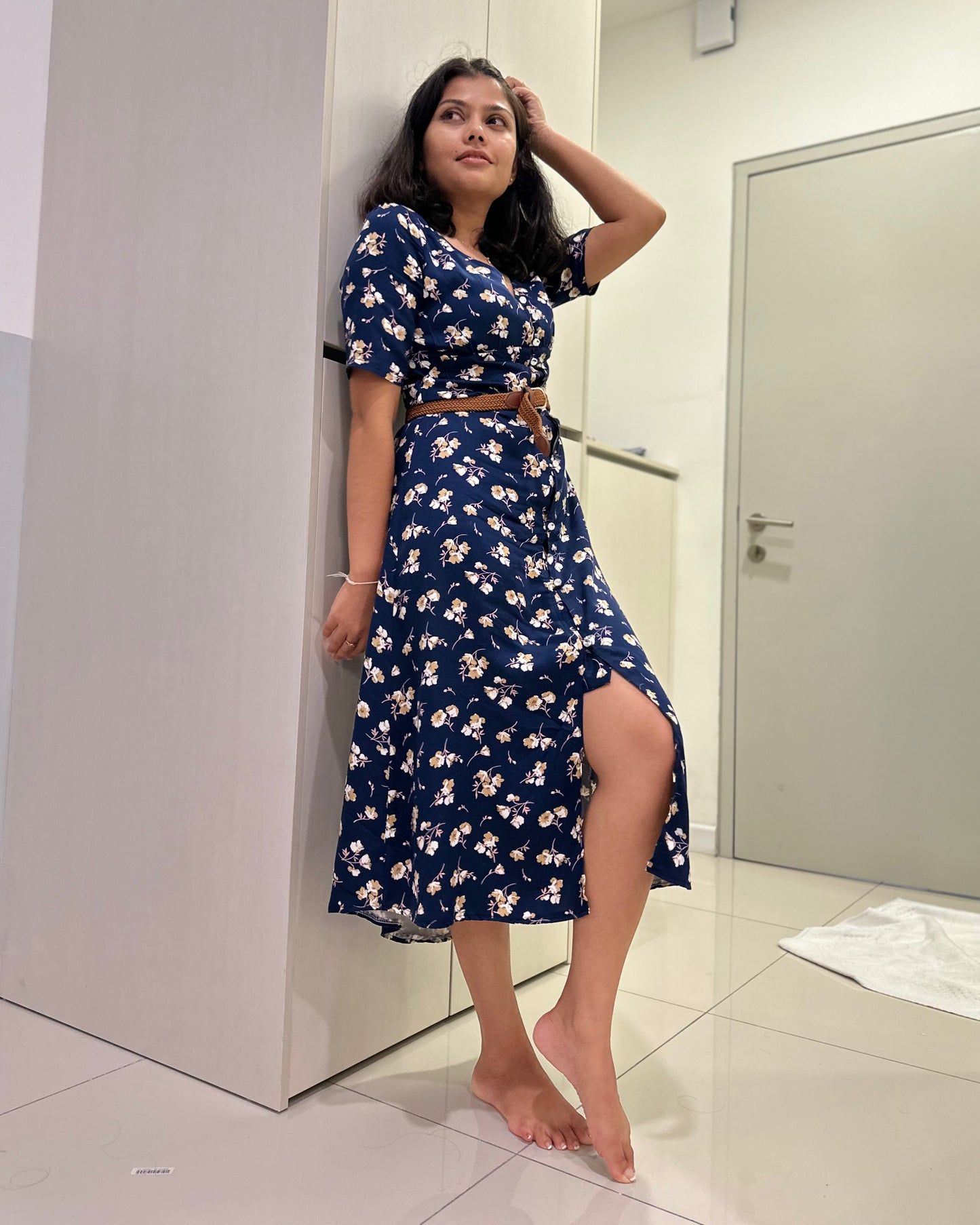 V Neck Button Down Midi Dress