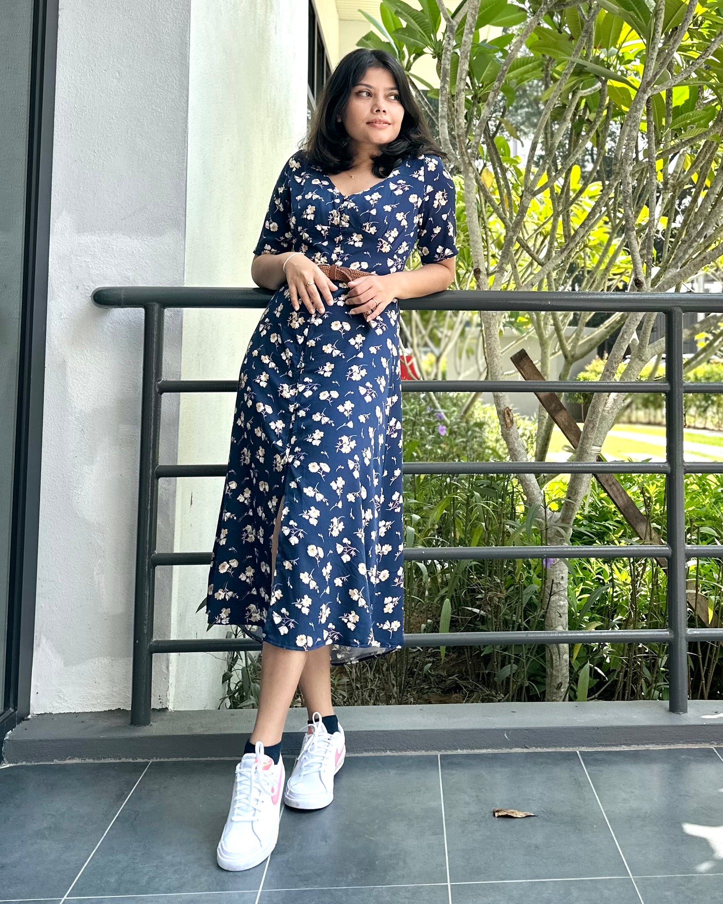 V Neck Button Down Midi Dress