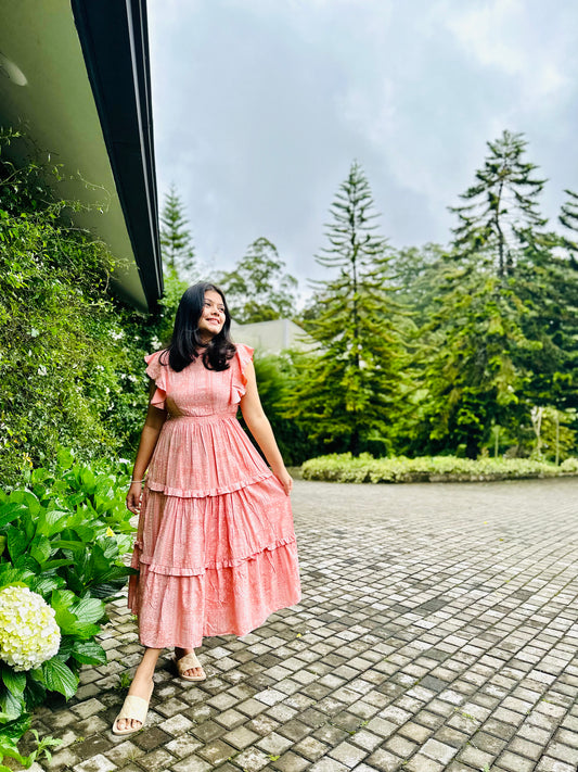 Peach Frilled Midi Dress