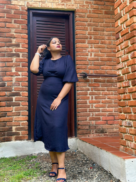 Pleated puff Sleeve Midi Dress