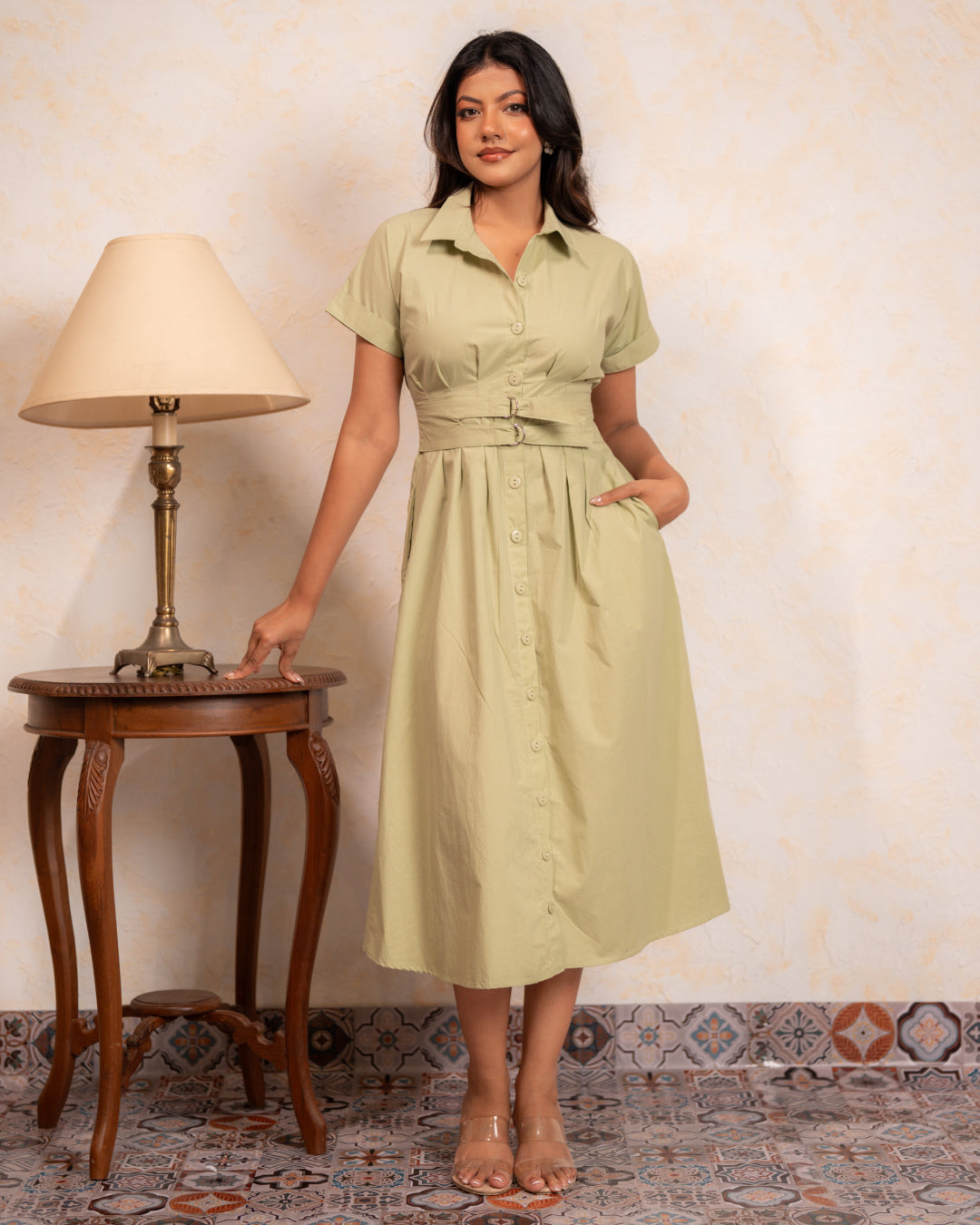 Sage Belted Shirt Dress