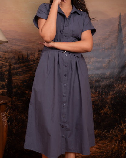 Slate Blue Belted Shirt Dress