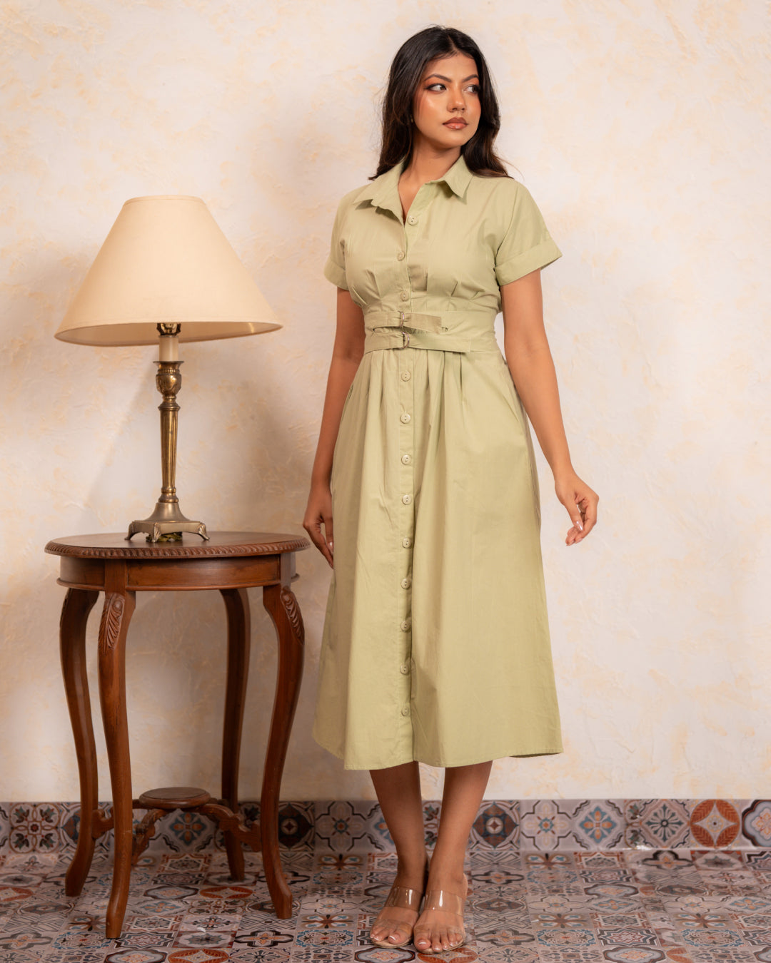 Sage Belted Shirt Dress