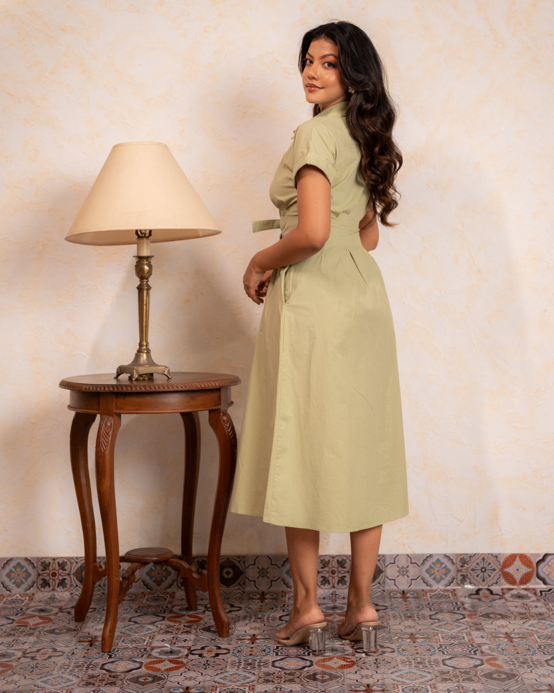 Sage Belted Shirt Dress