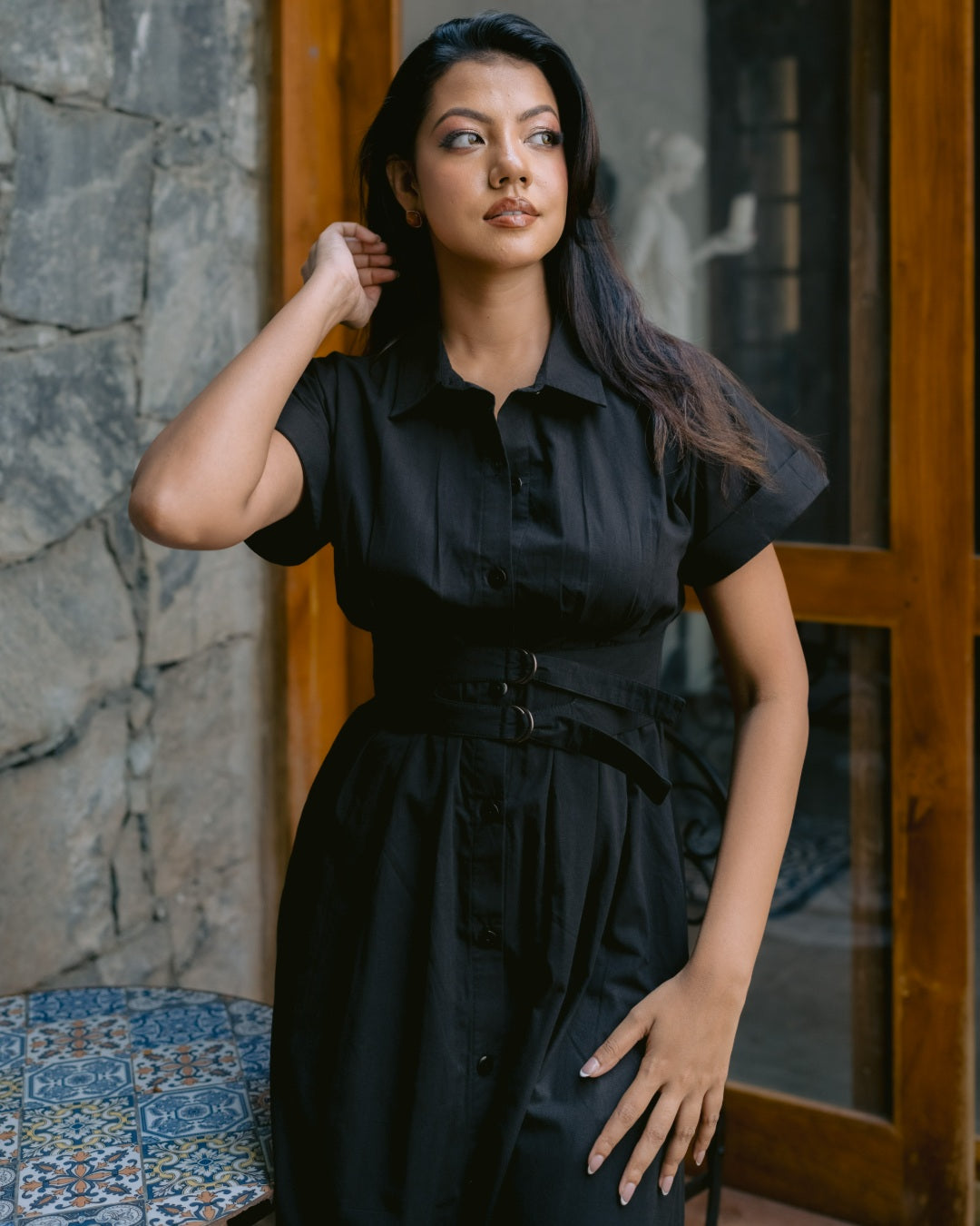 Noir Belted Shirt Dress