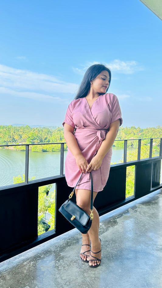 V Neck Side Tie Short Dress