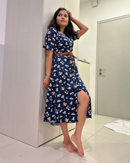 V Neck Button Down Midi Dress