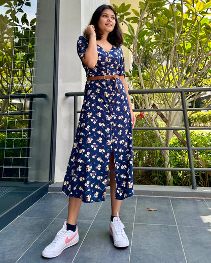 V Neck Button Down Midi Dress