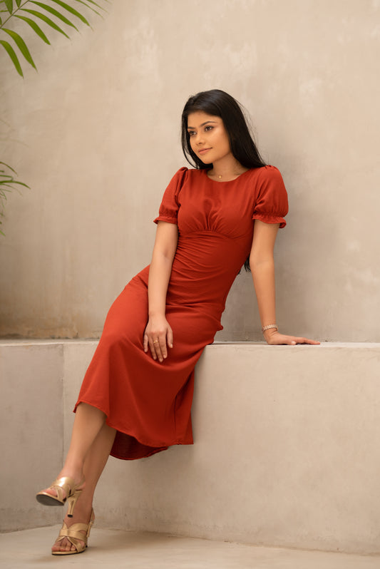 Puff Sleeve Pleated Midi Dress